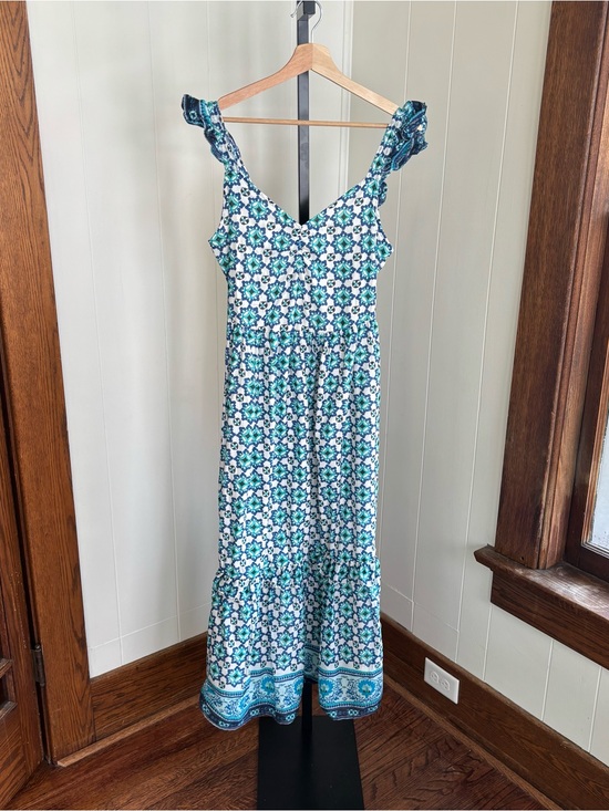 Lucky Brand Dresses & Skirts - Lucky Brand Tiered Cotton Maxi Dress Blue Teal Spanish Tile Floral Women’s M NWT